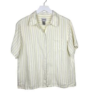 Chico's Short-Sleeve Button-Down Shirt in Cream with Light Green Stripes